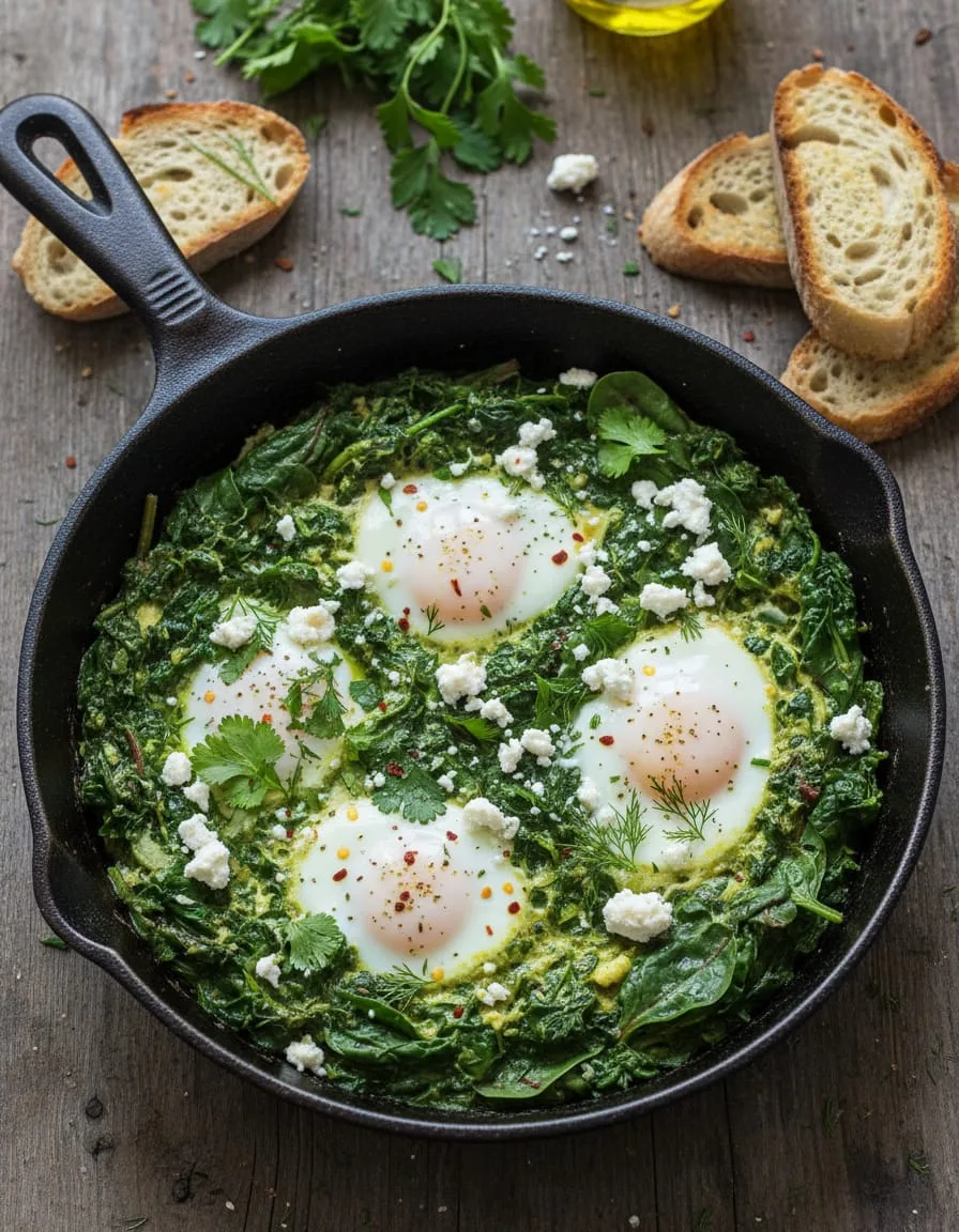 Shakshuka verde con huevos escalfados y feta en sartén de hierro