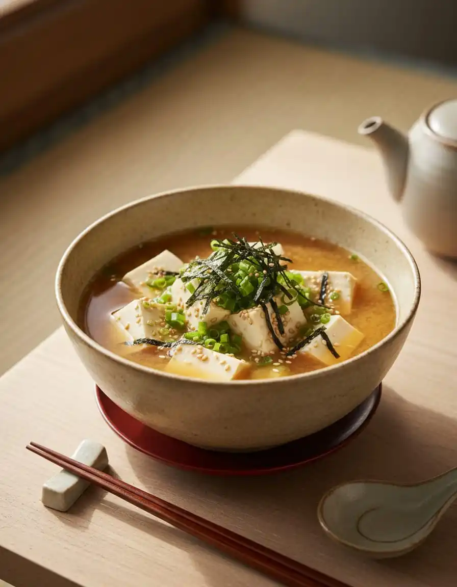 Bowl de tofu con miso, alga nori y cebollino sobre cuenco de cerámica artesanal